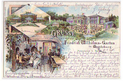 Magdeburg ,Litho-Ansichtskarte ,Friedrich Wilhelms-Garten 1899