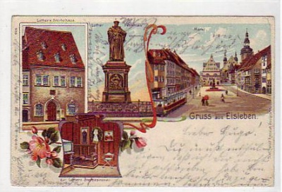 Lutherstadt Eisleben Markt und Luther-Denkmal Litho 1903