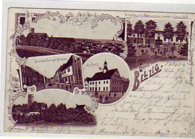 Belzig Litho mit Burg,Rathaus,Strasse,Gasthaus 1904