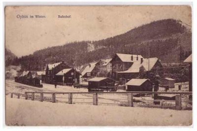 Bahnhof Oybin im Winter mit Eisenbahn , bei Zittau 1915