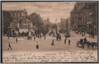 Hannover Georgstrasse mit Strassenbahn und Pferd 1905