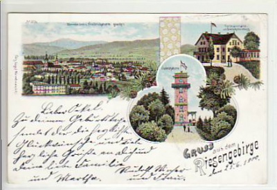 Bad Warmbrunn Riesengebirge Litho mit Friedrichsturm 1900