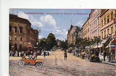 Saarbrücken Reichsstraße mit Bahnhof und Autos ca 1925