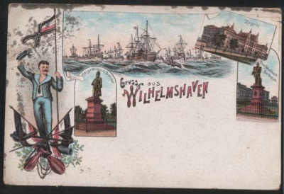 Wilhelmshaven Litho mit Segelschiff und Fahne
